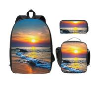 FEYUNYAN Schulrucksack für Mädchen und Jungen, Strand Sonnenuntergang Druck Schultasche 3er Set 15 Zoll Laptop Rucksack Isolierte Lunchtasche Federmäppchen Mittelschultasche für Teen Jugend Studenten