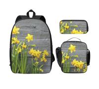 FEYUNYAN Schulrucksack für Mädchen und Jungen, Strauß Narzissen Druck Schulranzen 3er Set, 15 Zoll Laptop Rucksack, Isolierte Lunchtasche, Federmäppchen, Mittelschultasche für Teen Jugend Studenten