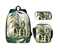 FEYUNYAN Schulrucksack für Mädchen und Jungen, Tropische Blätter Druck Schulranzen 3er Set, 15 Zoll Laptop Rucksack, Isolierte Lunchtasche Federmäppchen Mittelschultasche für Teen Jugend Studenten