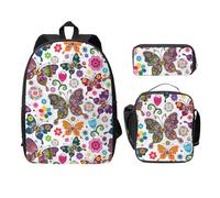 FEYUNYAN Schulrucksack für Mädchen und Jungen, Weiß Blumen Schmetterlinge Druck Schulranzen Set 3 Stück 15 Zoll Laptop Rucksack Isolierte Lunchtasche Federmäppchen Mittelschultasche für Teenager