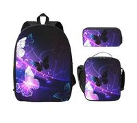 FEYUNYAN Schulrucksack für Mädchen und Jungen, Weiß Lila Schmetterlinge Druck Schulranzen Set 3 Stück 15 Zoll Laptop Rucksack Isolierte Lunchtasche Federmäppchen Mittelschultasche für Teen Jugend