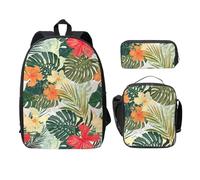 FEYUNYAN Schulrucksack Mädchen Jungen, Blätter Hibiskus Blumen Druck Schultasche 3er Set 15 Zoll Laptop Rucksack Isolierte Lunchtasche Federmäppchen Mittelschule für Teen Jugend Studenten, Blätter