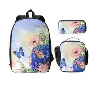FEYUNYAN Schulrucksack Mädchen Jungen, Blau Schmetterling Blumen Druck Schultasche 3er Set 15 Zoll Laptop Rucksack Isolierte Lunchtasche Federmäppchen Mittelschultasche für Teen Jugend Studenten
