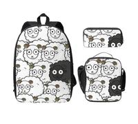 FEYUNYAN Schulrucksack Mädchen Jungen, Cartoon Schwarz Weiß Schaf Druck Schulranzen Set 3 Stück 15 Zoll Laptop Rucksack Isolierte Lunchtasche Federmäppchen Mittelschultasche für Teen Jugend Studenten