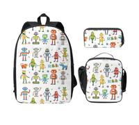 FEYUNYAN Schulrucksack Mädchen Jungen, Niedlicher Cartoon Roboter Druck Schulranzen Set 3 Stück 15 Zoll Laptop Rucksack Isolierte Lunchtasche Federmäppchen Mittelschultasche für Teen Jugend Studenten