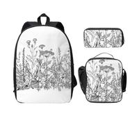 FEYUNYAN Schulrucksack Mädchen Jungen, Schwarz und Weiß Blumen Druck Schulranzen 3er Set 15 Zoll Laptop Rucksack Isolierte Lunchtasche Federmäppchen Mittelschultasche für Teen Jugend Studenten