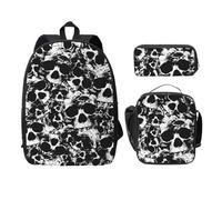 FEYUNYAN Schulrucksack Mädchen Jungen, Schwarz und Weiß Menschlicher Schädel Druck Schulranzen Set 3 Stück 15 Zoll Laptop Rucksack Isolierte Lunchtasche Federmäppchen Mittelschultasche für Teen Jugend