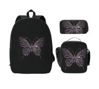 FEYUNYAN Schulrucksack Mädchen Jungen, Strass Schmetterling Druck Schultasche 3er Set 15 Zoll Laptop Rucksack Isolierte Lunchtasche Federmäppchen Mittelschultasche für Teen Jugend Studenten, Strass