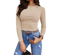 Feziakuk Damen Sexy Enges Oberteil Strick Langarm Rippshirt Mode Casual Pullover Slim Fit Top, Aprikose XL