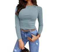 Feziakuk Damen Sexy Enges Oberteil Strick Langarm Rippshirt Mode Casual Pullover Slim Fit Top, Blau XL