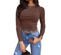 Feziakuk Damen Sexy Enges Oberteil Strick Langarm Rippshirt Mode Casual Pullover Slim Fit Top, Gelbbraun XL