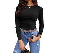 Feziakuk Damen Sexy Enges Oberteil Strick Langarm Rippshirt Mode Casual Pullover Slim Fit Top, Schwarz M