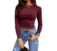Feziakuk Damen Sexy Enges Oberteil Strick Langarm Rippshirt Mode Casual Pullover Slim Fit Top, Weinrot L