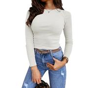 Feziakuk Damen Sexy Enges Oberteil Strick Langarm Rippshirt Mode Casual Pullover Slim Fit Top, Weiß S