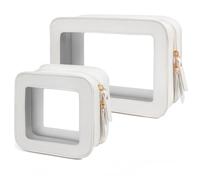 FFpaw Transparente Make-up-Tasche aus Leder für Damen, transparent, klein, wasserdicht, Kulturbeutel mit Reißverschluss, großer Make-up-Tasche, tragbarer Auto-Organizer, 2 Stück, Weiss/opulenter