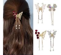 FFWTPY 4 Stück Elegante Schmetterling Haarklammer Kleine Haarspange für Damen Blumen Haarschmuck Fransen Perlen Strass Hair Accessories für Alltag und Feste