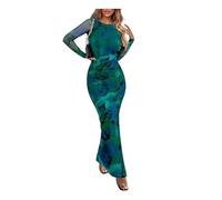 FFWTPY Damen Kleider Langarm Elegant Vintage Kleid Bodycon Slim Fit Bleistiftkleid Bohemian Tunikakleider Cocktailkleid Hochzeitsgästekleider Alltagskleid (Grün/XL)