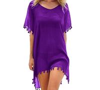 FFWTPY Damen Strandkleid, Chiffon Sommer Strandponcho, Badeanzug Bikini Cover-Ups mit Quasten, Boho Strandtunika, Transparent Strandurlaub Badeanzug, Bikini Beachwear (lila)