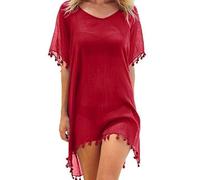FFWTPY Damen Strandkleid, Chiffon Sommer Strandponcho, Badeanzug Bikini Cover-Ups mit Quasten, Boho Strandtunika, Transparent Strandurlaub Badeanzug, Bikini Beachwear (rot)