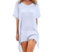 FFWTPY Damen Strandkleid, Chiffon Sommer Strandponcho, Badeanzug Bikini Cover-Ups mit Quasten, Boho Strandtunika, Transparent Strandurlaub Badeanzug, Bikini Beachwear (weiß)