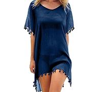 FFWTPY Damen Strandkleid, Chiffon Sommer Strandponcho, Badeanzug Bikini Cover-Ups mit Quasten, Boho Strandtunika, Transparent Strandurlaub Badeanzug, Bikini Beachwear (marineblau)