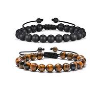 FFWTPY Naturstein Armband Verstellbar Makramee Tigerauge Perlenarmband Blau Schwarz Handgeknüpft Unisex Schmuck