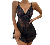 FFWTPY Negligee Damen Sexy Nachthemd Spitze Trägerkleid Transparent Netzkleid Schlafkleid Nachtkleid mit Schleife Nachtwäsche Sleepwear für Hochzeitsnacht Honeymoon