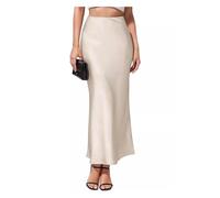 FFWTPY Rock Damen Länge Röck Elegant Leicht Hohe Taille Satin Freizeitrock Fließende Rüschen Elegante Partyröcke Vielseitige für Cocktail (Beige/M)