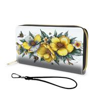 FGDRFGRW Geldbörse, großes Fassungsvermögen, RFID-blockierend, Leder, langlebig, glatt, mit Reißverschluss, Unisex, Reisebrieftasche für Karten, Bargeld und Münzen, 803-Yellow Peony Flower Bee, Wallet