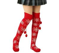FGFD&OU Damen Strümpfe Strick Overknee Socken Dicke Warme Überknie Kniestrümpfe Trachtenstrümpfe Grobstrick Wintersocken Thermosocken Lange Weihnachtssocken Kuschelsocken für Frauen (Xmas-Snow)