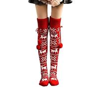 FGFD&OU Damen Strümpfe Strick Overknee Socken Dicke Warme Überknie Kniestrümpfe Trachtenstrümpfe Grobstrick Wintersocken Thermosocken Lange Weihnachtssocken Kuschelsocken für Frauen (Xmas-Rot)