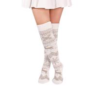 FGFD&OU Kniestrümpfe Damen Strick Strümpfe Overknee Socken Dicke Warme Überknie Trachtenstrümpfe Grobstrick Wintersocken Thermosocken Lange Weihnachtssocken für Frauen (Xmas-Weiß)