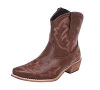 FGRID Bestickte Cowboystiefeletten für Damen, Westernstiefel mit Vintage-Faux-PU-Spitze und kurzer Kappe, Winterstiefeletten mit dickem Blockabsatz und Fellfutter,Braun,39