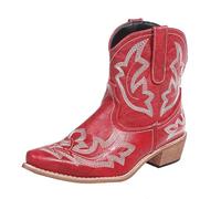 FGRID Bestickte Cowboystiefeletten für Damen, Westernstiefel mit Vintage-Faux-PU-Spitze und kurzer Kappe, Winterstiefeletten mit dickem Blockabsatz und Fellfutter,Rot,43