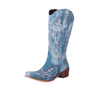 FGRID Bestickte Westernstiefel für Damen, große Cowgirlstiefel mit quadratischer Zehenpartie und mittlerer Wadenhöhe, Kniehohe Cowboystiefel mit Blockabsatz für den Winter,Blau,42