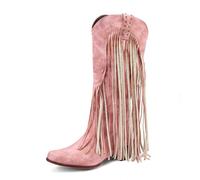 FGRID Cowboy-Cowgirlstiefel für Damen bis zur Mitte der Wade, hohe Westernstiefel mit Fransen und Retro-Wildleder im Retro-Stil, Kniehohe Stiefel mit eckiger Zehenpartie und Quaste,Rosa,39