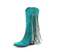 FGRID Cowboy-Cowgirlstiefel für Damen bis zur Mitte der Wade, hohe Westernstiefel mit Fransen und Retro-Wildleder im Retro-Stil, Kniehohe Stiefel mit eckiger Zehenpartie und Quaste,Blau,34