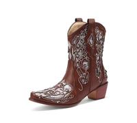 FGRID Cowgirl-Stiefeletten für Damen mittlerer Wade, modische Western-Stiefeletten quadratischer Zehenpartie und Stickerei, Winterstiefel klobigem Absatz und Snip-Toe-Zehenpartie,Braun,40