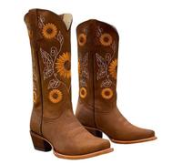 FGRID Damen-Westernstiefel mit Sonnenblumen-Stickerei, modischer Cowgirl-Stiefel aus Kunstleder mit quadratischer Zehenpartie, Winterstiefel mit breiter Wade und schmaler Zehenpartie,Braun,41