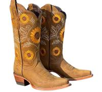 FGRID Damen-Westernstiefel mit Sonnenblumen-Stickerei, modischer Cowgirl-Stiefel aus Kunstleder mit quadratischer Zehenpartie, Winterstiefel mit breiter Wade und schmaler Zehenpartie,Khaki,38