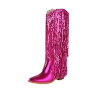 FGRID Damenstiefel mit Fransen in Metallic-Optik, Halbhohe Cowgirlstiefel, übergroße Westernstiefel mit spitzer Spitze, Paillettenquaste und kniehohem Absatz Funkelnde Partystiefel,Rosa,39