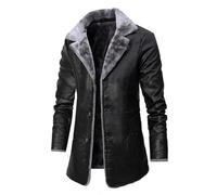 FGRID Herren-Lederjacke aus Plüsch mit Fleecefutter, Vintage-Revers Kunstpelz PU Warmer Mantel, Flauschige Trenchcoat für den Winter Motorrad-Biker,Schwarz,XL