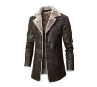 FGRID Herren-Lederjacke aus Plüsch mit Fleecefutter, Vintage-Revers Kunstpelz PU Warmer Mantel, Flauschige Trenchcoat für den Winter Motorrad-Biker,Braun,L