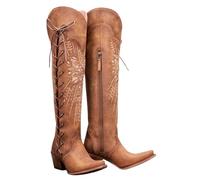 FGRID Kniehohe Cowboystiefel für Damen, modische, bestickte Blockstiefel mit dickem Absatz und Schnürung, hohe Westernstiefel, Winterstiefel mit weiter Wade und gerader Spitze,Braun,38