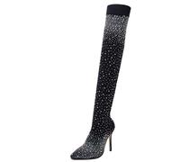 FGRID Oberschenkelhohe Damen-Stiefel mit Strasssteinen, glitzernde, Spitze Zehen-Stretch-Overknee-High-Heels, Winter-Glitzer-Sexy-Mesh-Socken-Stiefel,Schwarz,38