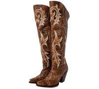 FGRID Overknee-Cowboystiefel für Damen, Retro-Stiefel mit quadratischer Zehenpartie und Stickereien bis zur Mitte der Wade, Winterstiefel aus Leder im Used-Look Kunstfellfutter,Braun,37