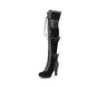 FGRID Overknee-Stiefel für Damen mit hohem Absatz, Gothic-Stiefel mit Schleife und Schnürung, Steampunk-Stiefel mit Winterreißverschluss, Club-Rennstiefel mit Renaissance-Muster,Schwarz,35