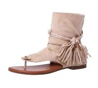 FGRID Römersandalen mit Quaste für Damen, Flache Retro-Stiefeletten aus Wildleder mit Clip-Toe, Sommer-Strand-Reisesandalen mit hohem Zehenbereich und Fransen,Beige,39