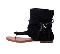 FGRID Römersandalen mit Quaste für Damen, Flache Retro-Stiefeletten aus Wildleder mit Clip-Toe, Sommer-Strand-Reisesandalen mit hohem Zehenbereich und Fransen,Schwarz,39