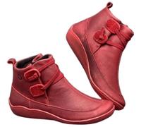 FGRID Stiefeletten mit Fußgewölbeunterstützung für Damen, lässige, Kurze Schlupfstiefeletten mit niedrigem Absatz, Flache solide Chelsea-Stiefel mit weitem Schaft,Rot,41